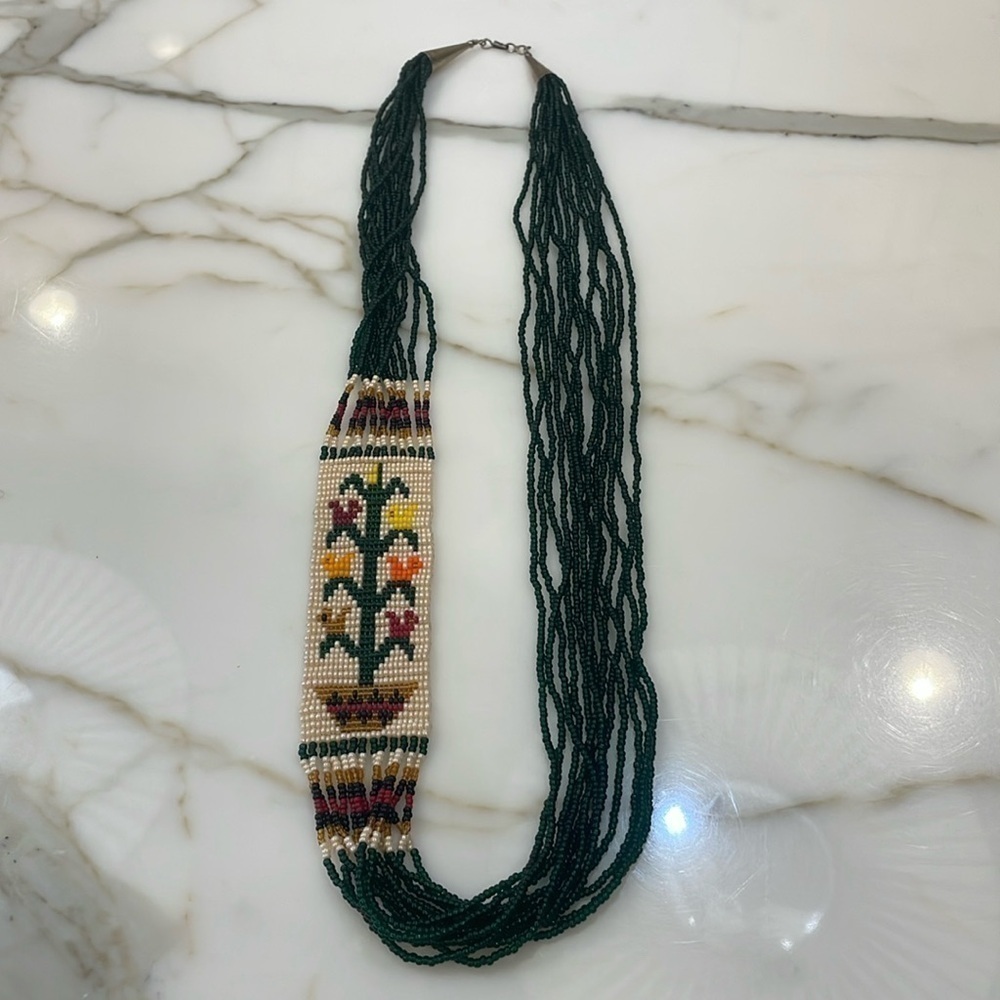 Navajo Made Tree of Life Beaded Necklace—STUNNING!! Dark Green/Multi Color